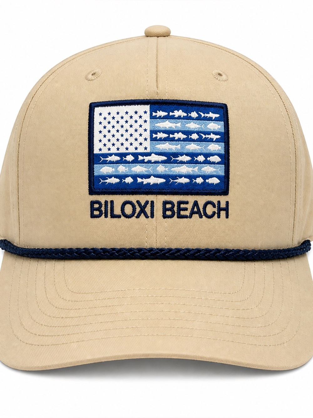 Biloxi Beach Fishing Flag Rope Hat | Adjustable Snapback | Tan Coastal Cap